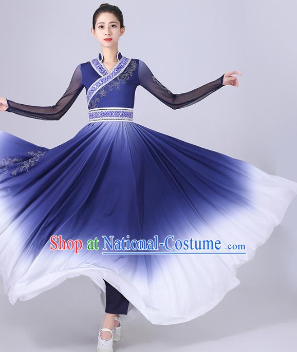 Chinese Mongolian Ethnic Folk Dance Clothing Traditional Mongol Nationality Stage Performance Blue Dress