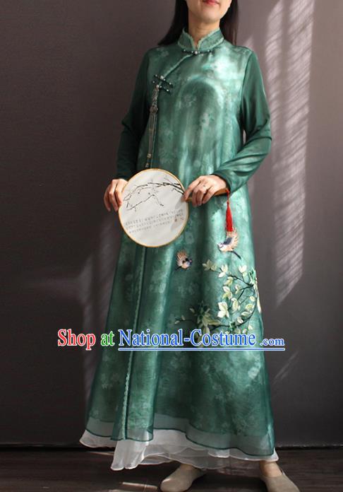 China National Women Zen Clothing Embroidered Green Chiffon Qipao Dress Classical Dance Cheongsam