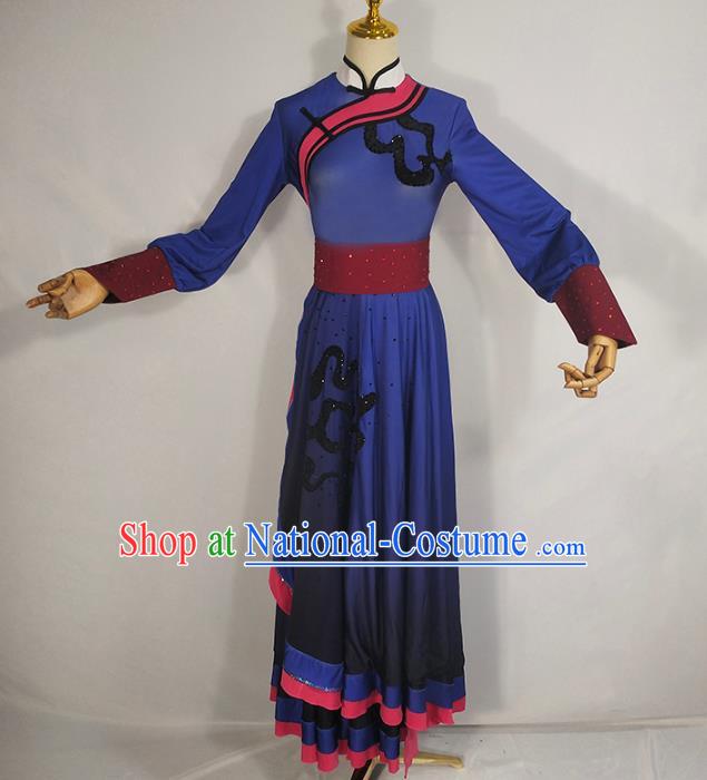 Chinese Mongol Ethnic Folk Dance Clothing Traditional Mongolian Nationality Deep Blue Dress Outfits