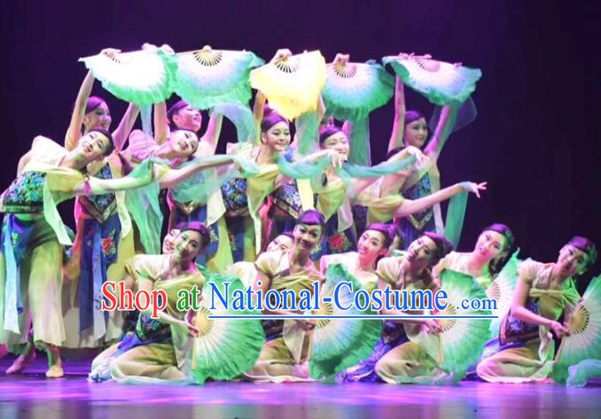 China Fan Dance Stage Performance Costume Classical Dance Green Outfits Umbrella Dance Clothing