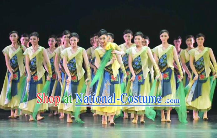 China Fan Dance Stage Performance Costume Classical Dance Green Outfits Umbrella Dance Clothing