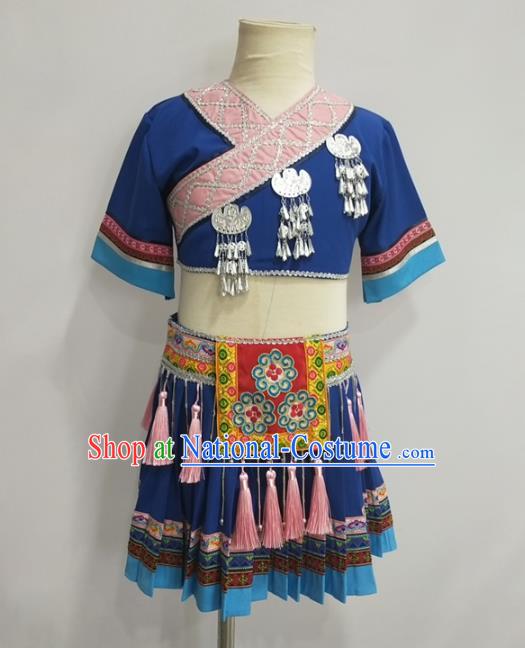 Chinese Miao Ethnic Folk Dance Clothing Traditional Hmong Nationality Children Blue Outfits