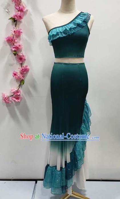 Chinese Traditional Dai Nationality Performance Deep Green Dress Yunnan Ethnic Peacock Dance Clothing