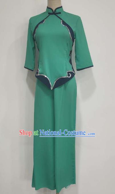 China Folk Dance Costume Fan Dance Green Outfits Yangko Dance Clothing