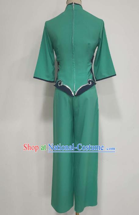 China Folk Dance Costume Fan Dance Green Outfits Yangko Dance Clothing