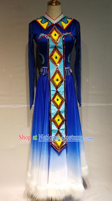 Chinese Traditional Ewenki Nationality Dance Royalblue Dress Ethnic Stage Performance Clothing