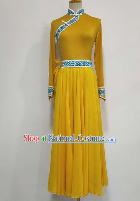 Chinese Mongolian Ethnic Folk Dance Clothing Traditional Mongol Nationality Stage Performance Yellow Long Dress