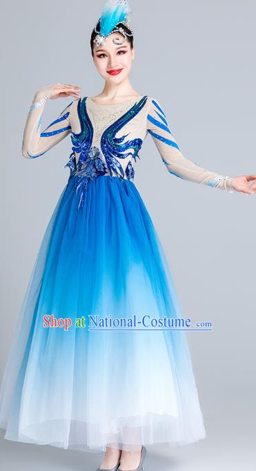 China Fan Dance Stage Performance Costume Modern Dance Clothing Chorus Group Blue Veil Dress