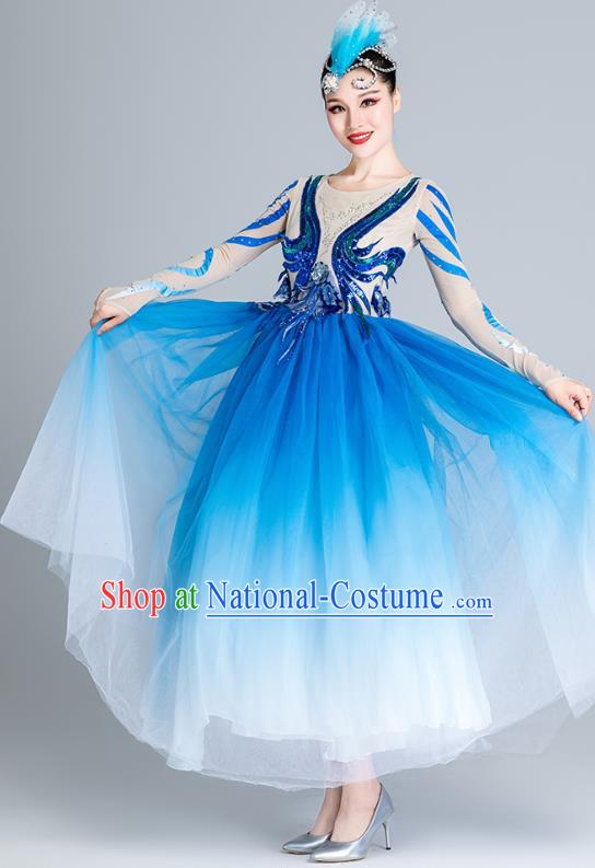 China Fan Dance Stage Performance Costume Modern Dance Clothing Chorus Group Blue Veil Dress