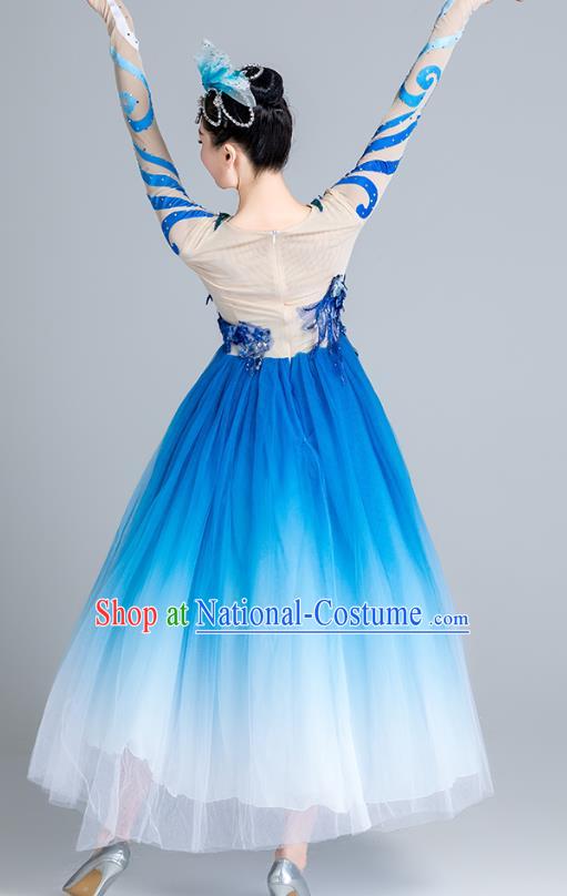 China Fan Dance Stage Performance Costume Modern Dance Clothing Chorus Group Blue Veil Dress