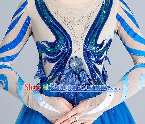 China Fan Dance Stage Performance Costume Modern Dance Clothing Chorus Group Blue Veil Dress