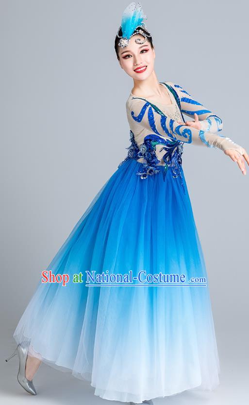 China Fan Dance Stage Performance Costume Modern Dance Clothing Chorus Group Blue Veil Dress