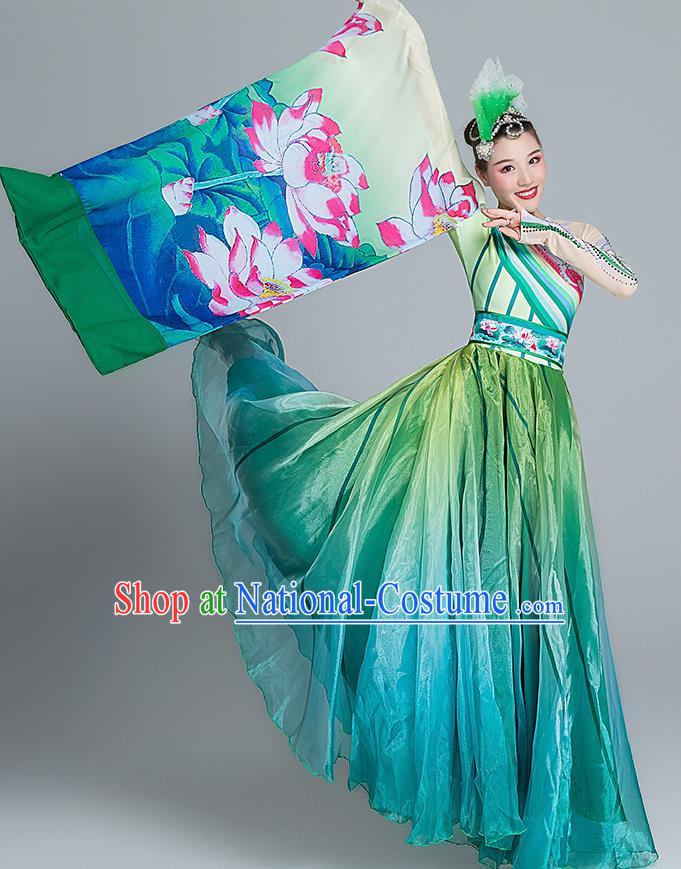 China Lotus Dance Green Dress Group Dance Stage Performance Costume Classical Dance Clothing