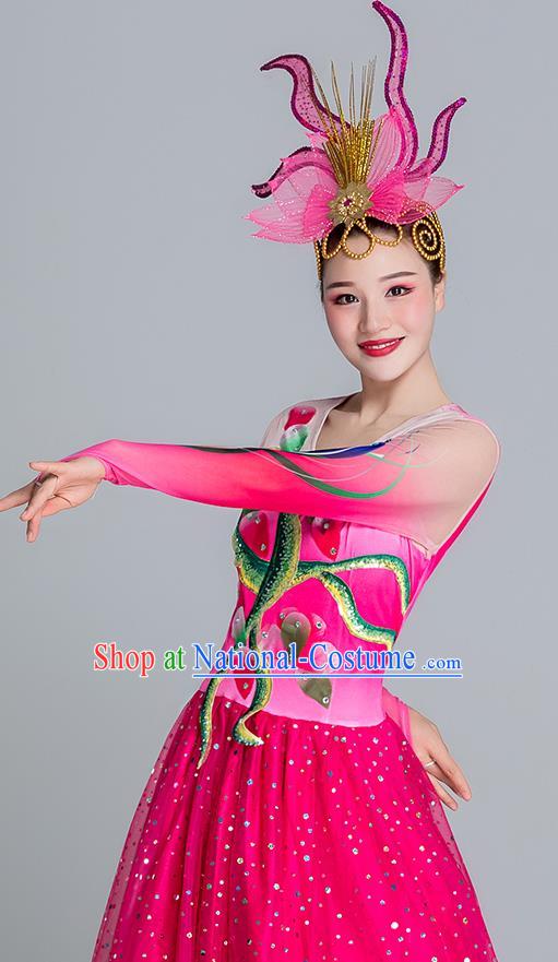 China Classical Dance Clothing Lotus Dance Rosy Dress Group Dance Stage Performance Costume