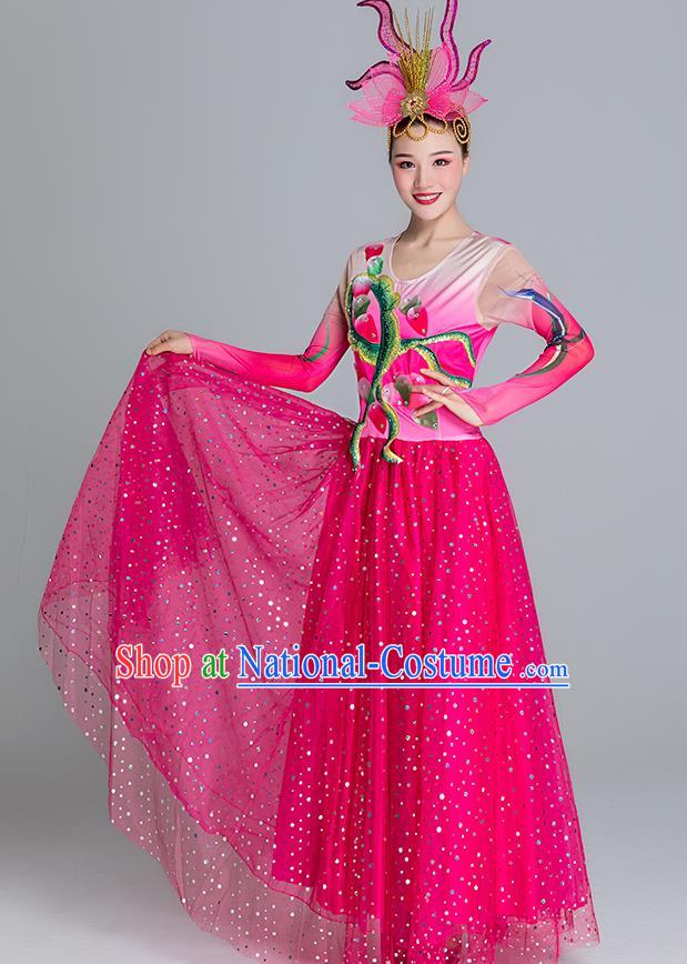 China Classical Dance Clothing Lotus Dance Rosy Dress Group Dance Stage Performance Costume