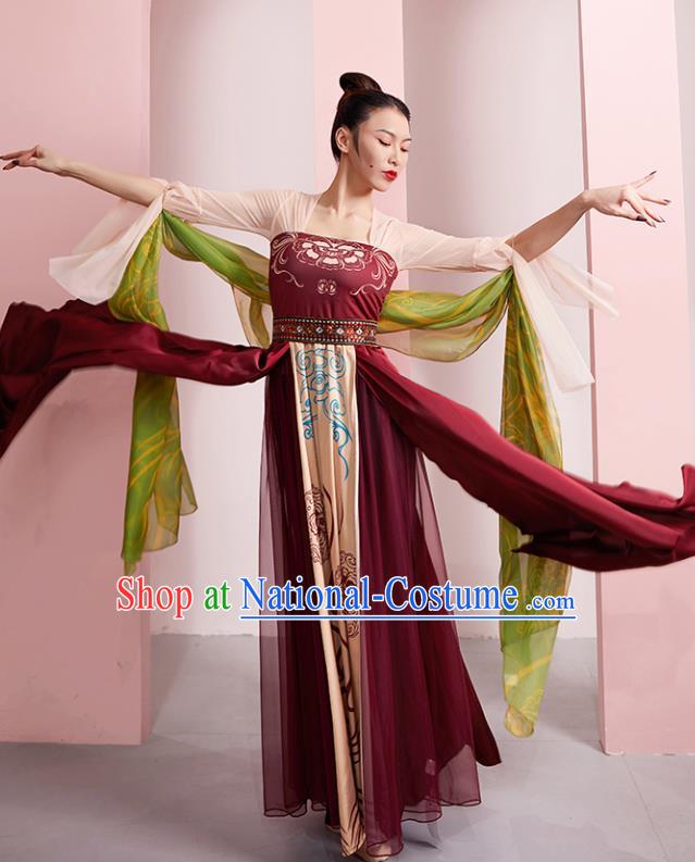 China Classical Dance Clothing Tang Dynasty Dance Wine Red Hanfu Dress Woman Group Dance Costume