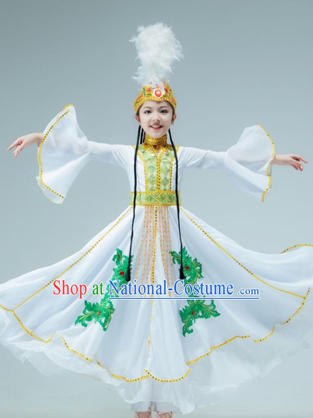 Chinese Traditional Uygur Nationality Performance White Dress Xinjiang Ethnic Girl Dance Clothing