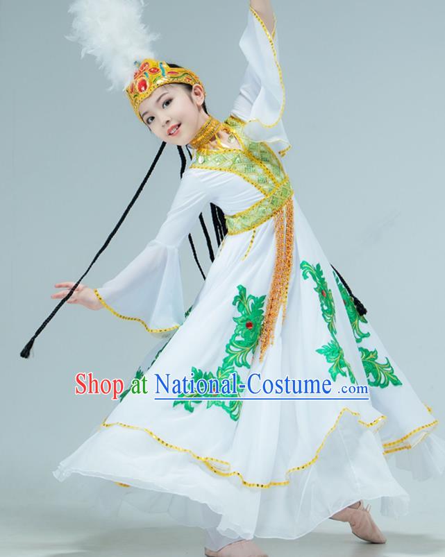 Chinese Traditional Uygur Nationality Performance White Dress Xinjiang Ethnic Girl Dance Clothing