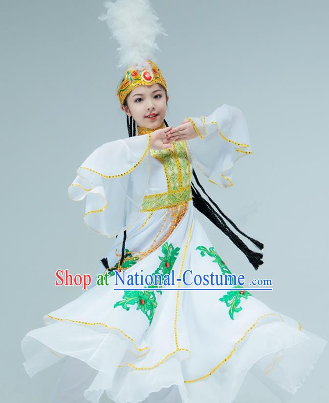 Chinese Traditional Uygur Nationality Performance White Dress Xinjiang Ethnic Girl Dance Clothing