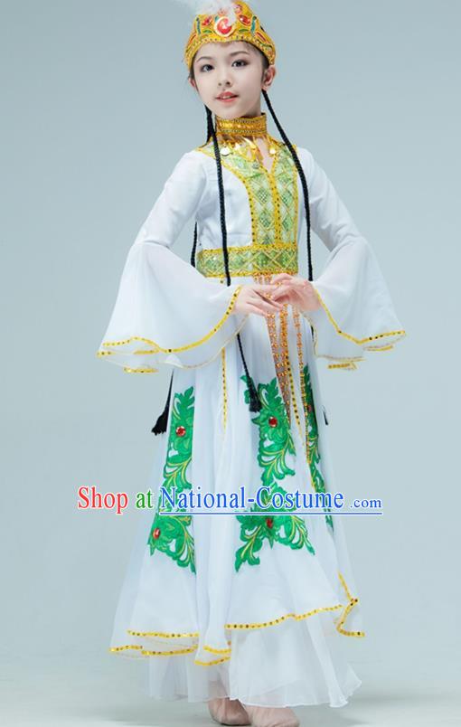 Chinese Traditional Uygur Nationality Performance White Dress Xinjiang Ethnic Girl Dance Clothing