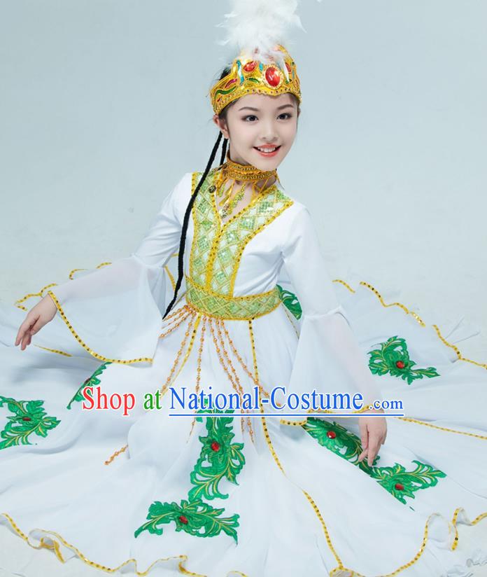 Chinese Traditional Uygur Nationality Performance White Dress Xinjiang Ethnic Girl Dance Clothing