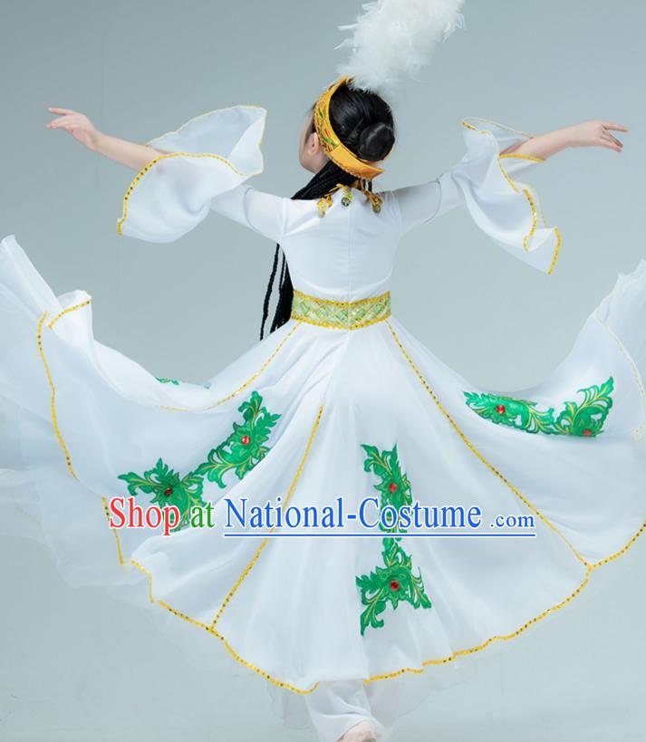 Chinese Traditional Uygur Nationality Performance White Dress Xinjiang Ethnic Girl Dance Clothing