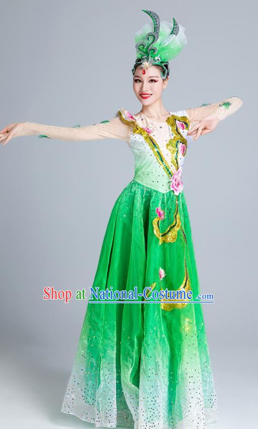 China Modern Dance Stage Performance Clothing Opening Dance Green Dress Peony Dance Costume