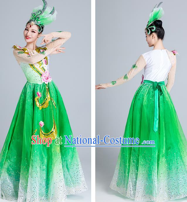 China Modern Dance Stage Performance Clothing Opening Dance Green Dress Peony Dance Costume