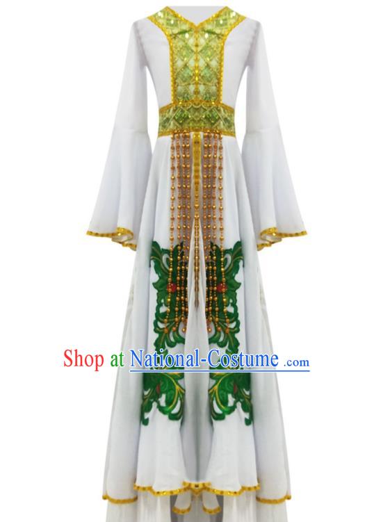 Chinese Traditional Uygur Nationality Performance White Dress Xinjiang Ethnic Girl Dance Clothing