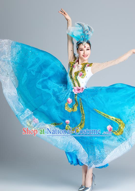 China Modern Dance Clothing Peony Dance Costume Opening Dance Stage Performance Blue Dress