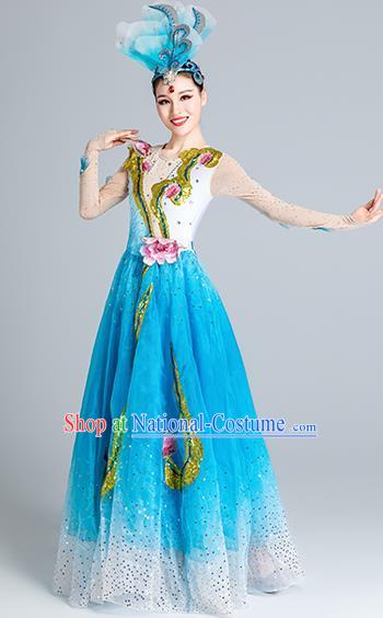 China Modern Dance Clothing Peony Dance Costume Opening Dance Stage Performance Blue Dress