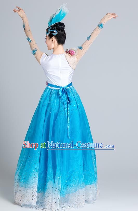 China Modern Dance Clothing Peony Dance Costume Opening Dance Stage Performance Blue Dress