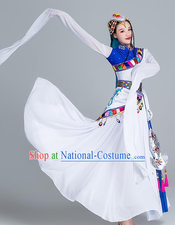 Chinese Traditional Zang Nationality White Water Sleeve Dress Outfits Tibetan Ethnic Stage Performance Female Clothing