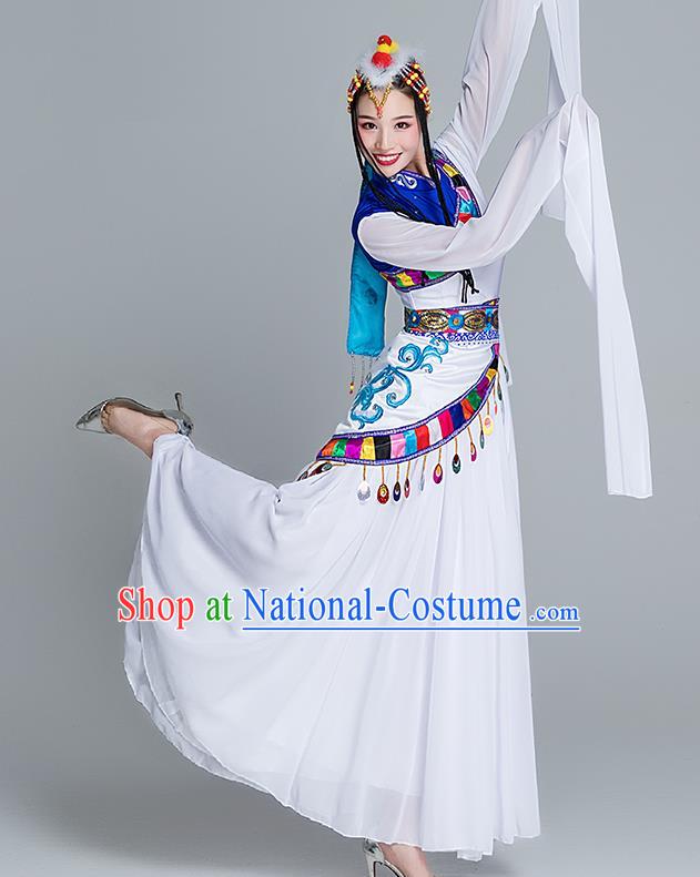 Chinese Traditional Zang Nationality White Water Sleeve Dress Outfits Tibetan Ethnic Stage Performance Female Clothing