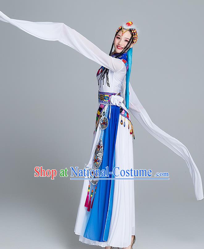 Chinese Traditional Zang Nationality White Water Sleeve Dress Outfits Tibetan Ethnic Stage Performance Female Clothing