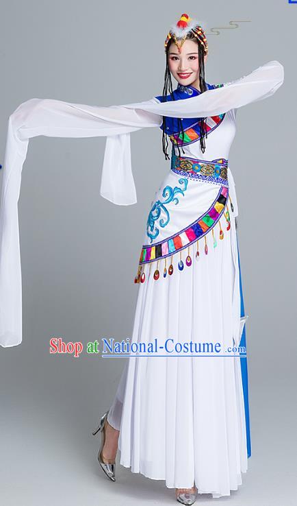 Chinese Traditional Zang Nationality White Water Sleeve Dress Outfits Tibetan Ethnic Stage Performance Female Clothing