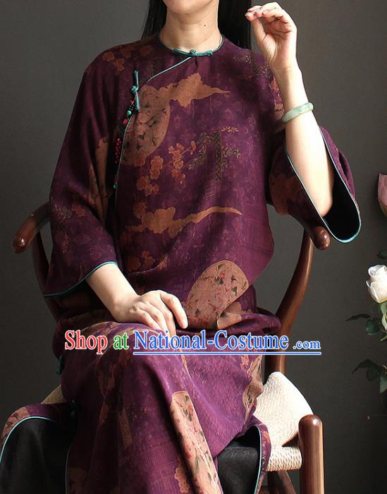 China Classical Cheongsam National Women Clothing Purple Silk Wide Sleeve Qipao Dress