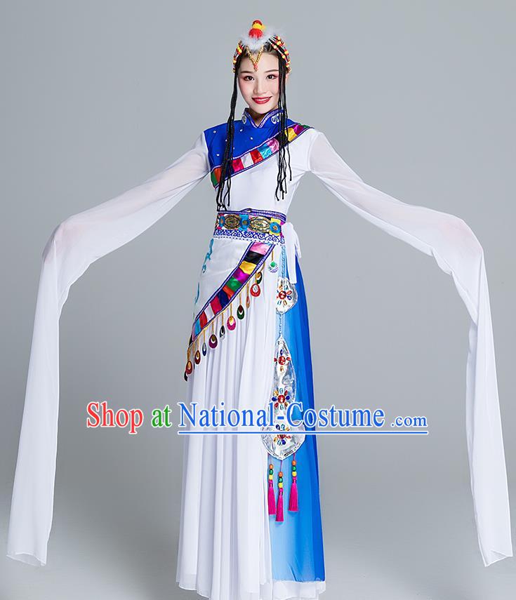 Chinese Traditional Zang Nationality White Water Sleeve Dress Outfits Tibetan Ethnic Stage Performance Female Clothing