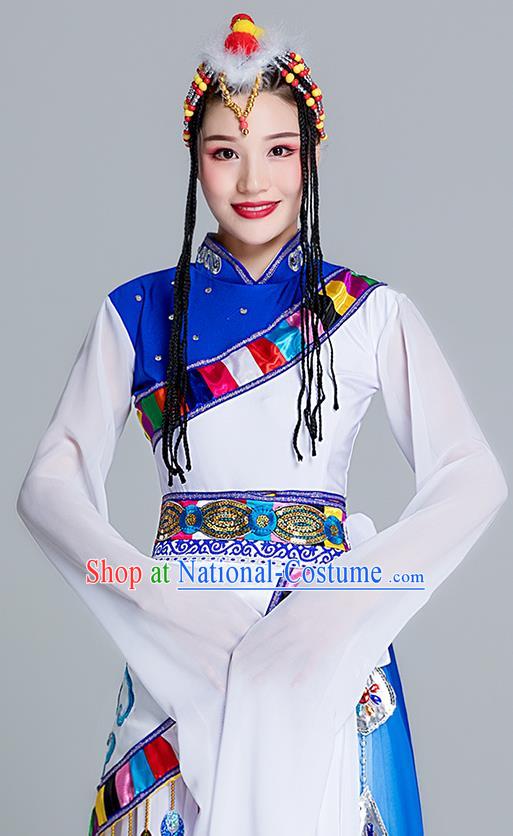 Chinese Traditional Zang Nationality White Water Sleeve Dress Outfits Tibetan Ethnic Stage Performance Female Clothing