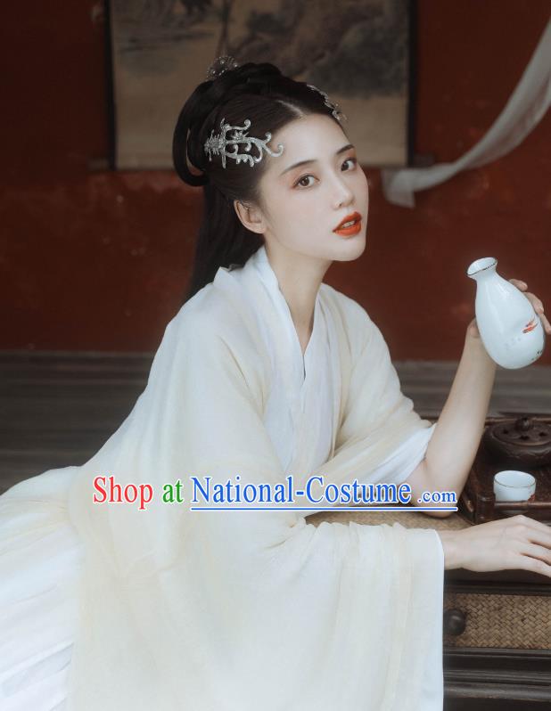 China Ancient Fairy Princess Beige Hanfu Dress Traditional Jin Dynasty Court Lady Historical Costumes Full Set