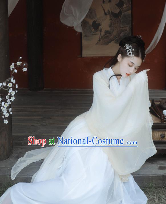 China Ancient Fairy Princess Beige Hanfu Dress Traditional Jin Dynasty Court Lady Historical Costumes Full Set