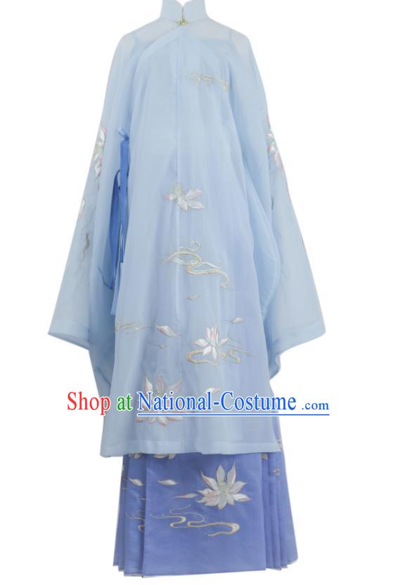 China Traditional Ming Dynasty Noble Beauty Historical Clothing Ancient Young Lady Blue Hanfu Dress Garment