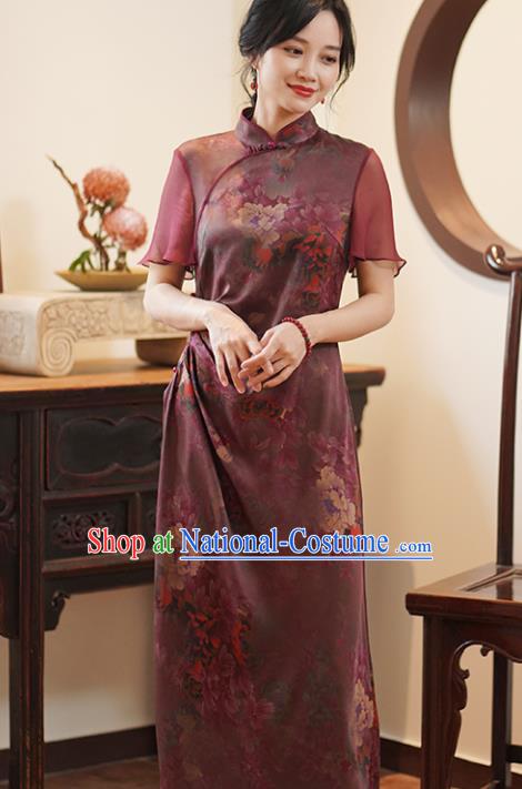 China National Costume Cheongsam Classical Peony Pattern Purple Silk Qipao Dress