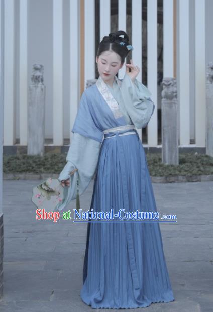 China Ancient Country Woman Blue Dress Uniforms Traditional Song Dynasty Civilian Lady Hanfu Clothing