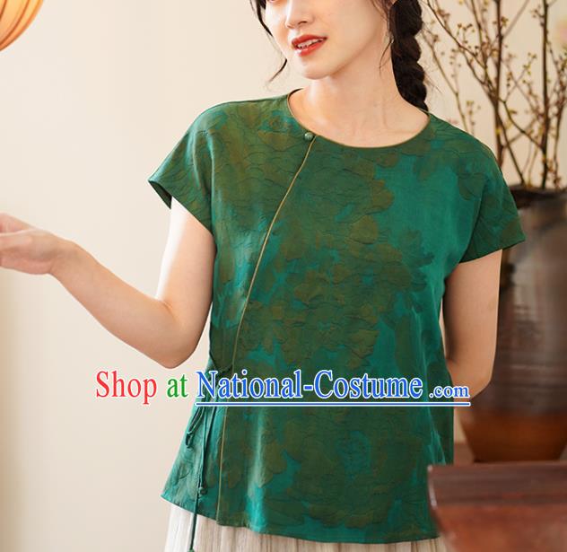 China Tang Suit Shirt National Women Clothing Classical Jacquard Green Silk Blouse