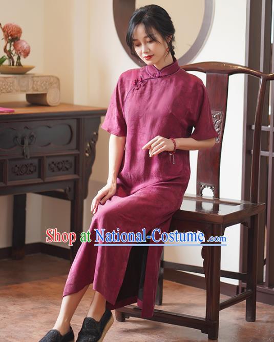 China National Cheongsam Classical Jacquard Wine Red Silk Qipao Dress