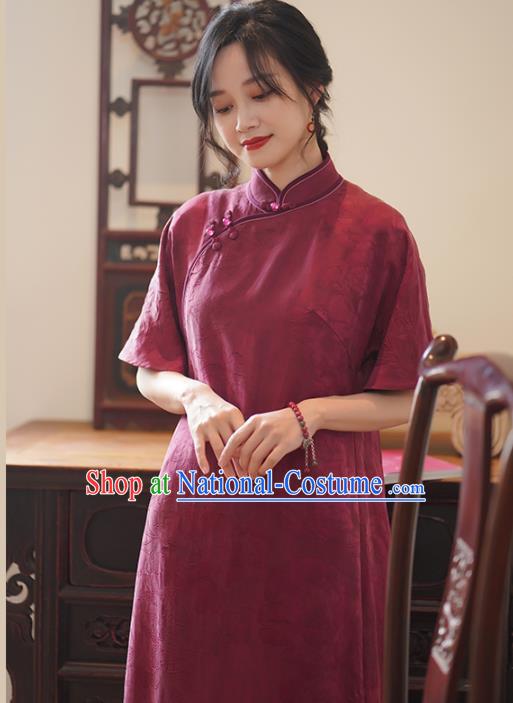 China National Cheongsam Classical Jacquard Wine Red Silk Qipao Dress