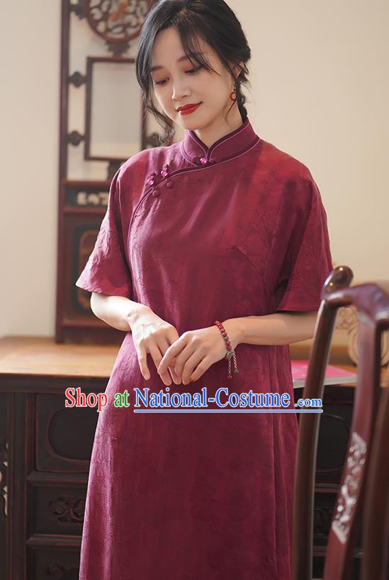 China National Cheongsam Classical Jacquard Wine Red Silk Qipao Dress