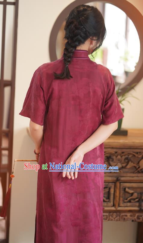 China National Cheongsam Classical Jacquard Wine Red Silk Qipao Dress