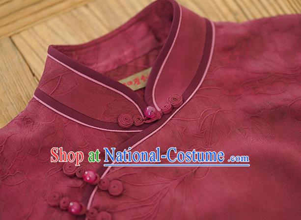 China National Cheongsam Classical Jacquard Wine Red Silk Qipao Dress